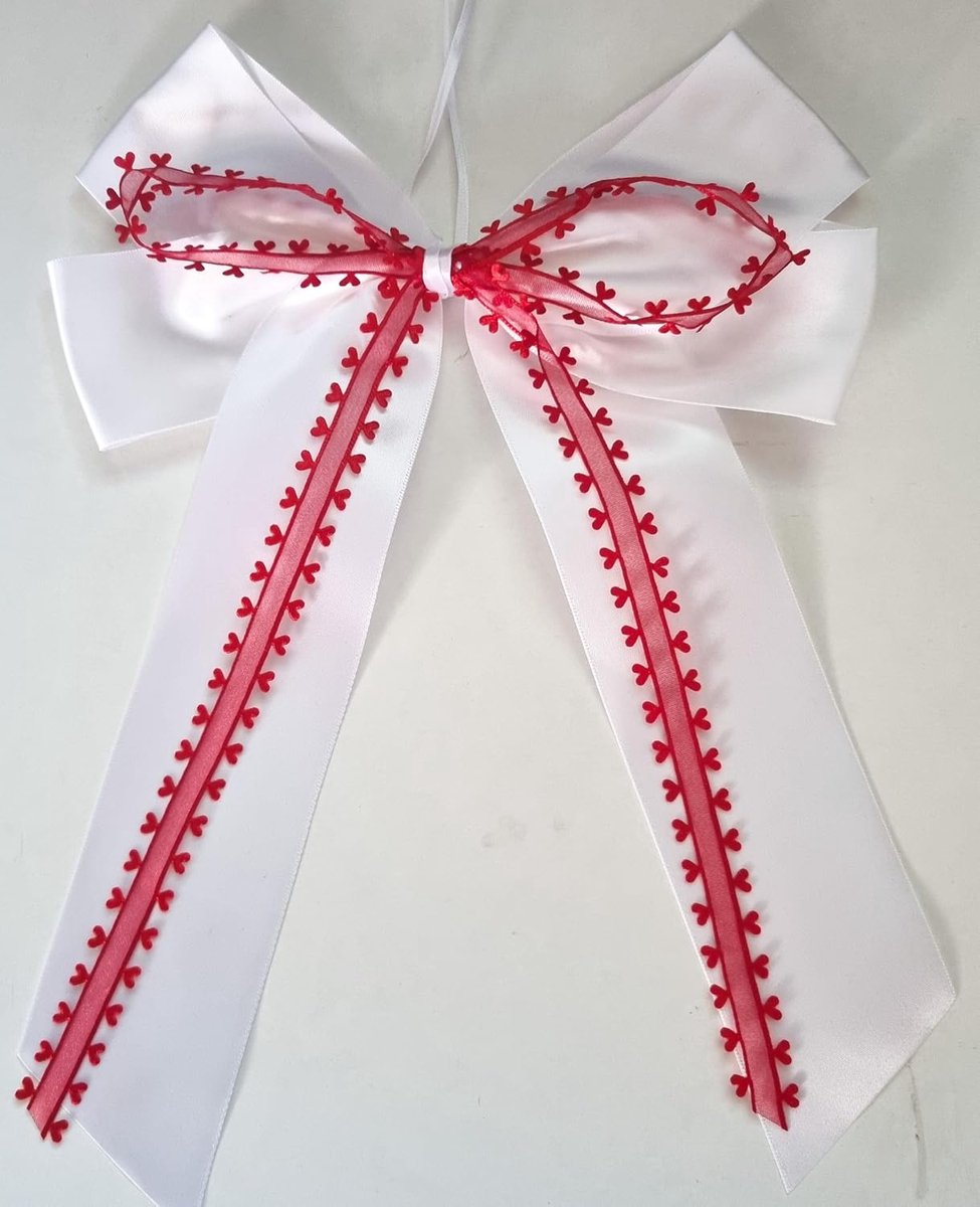Kant-en-klare strik 20 x 30 cm, hartstrik, cadeaustrik, gouden hartjes, satijnen strik, stoffen strik, autostrik, bruiloft (rood hart, 2 stuks)