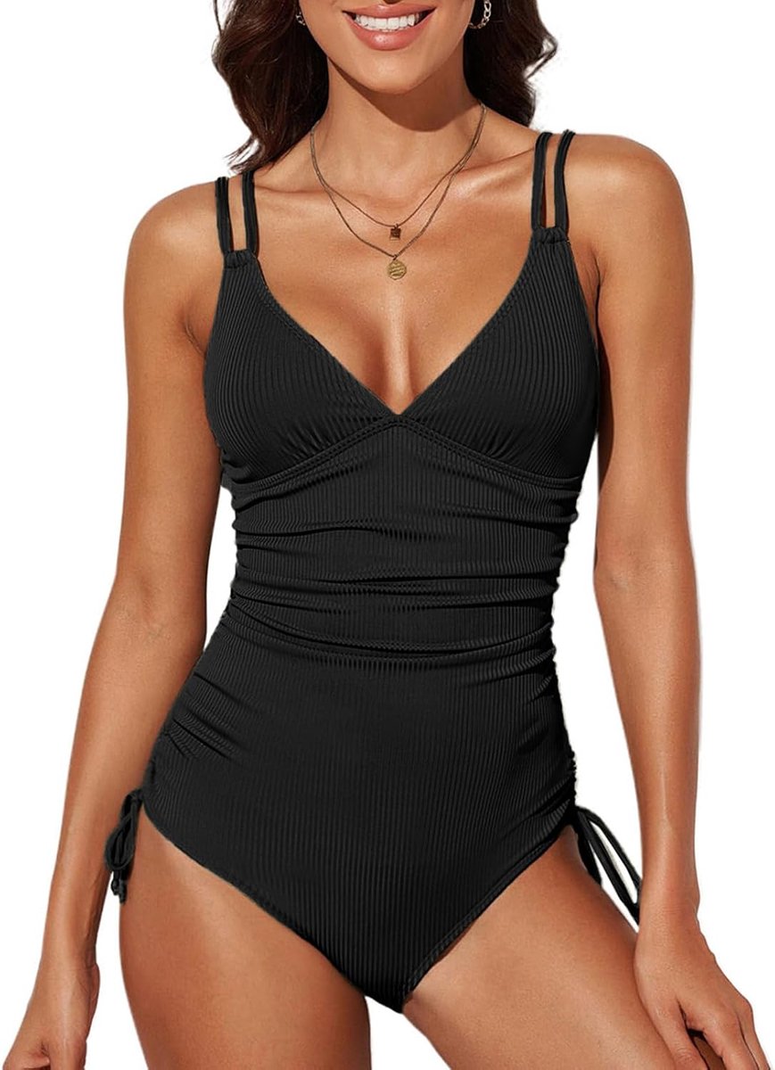 Meioro Badpak voor dames, buikweg, V-hals, push-up, eendelige badmode, ruches, slank badpak voor vrouwen, hoge taille badpakken met trekkoord, vintage badpak voor dames