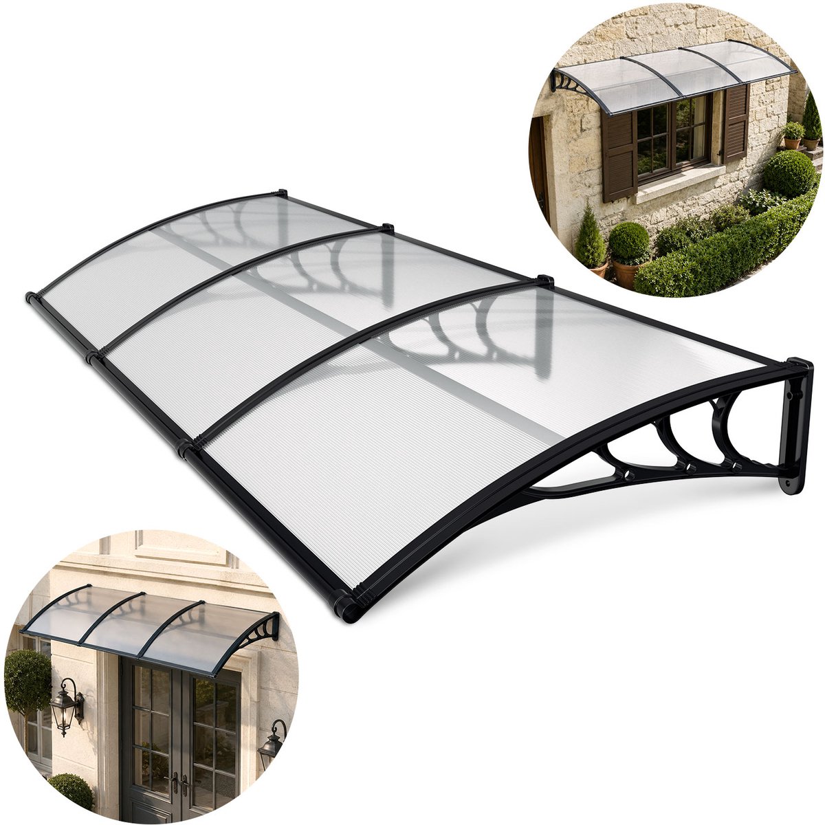 Voordeurluifel 300 x 100 cm - zwart frame - transparant