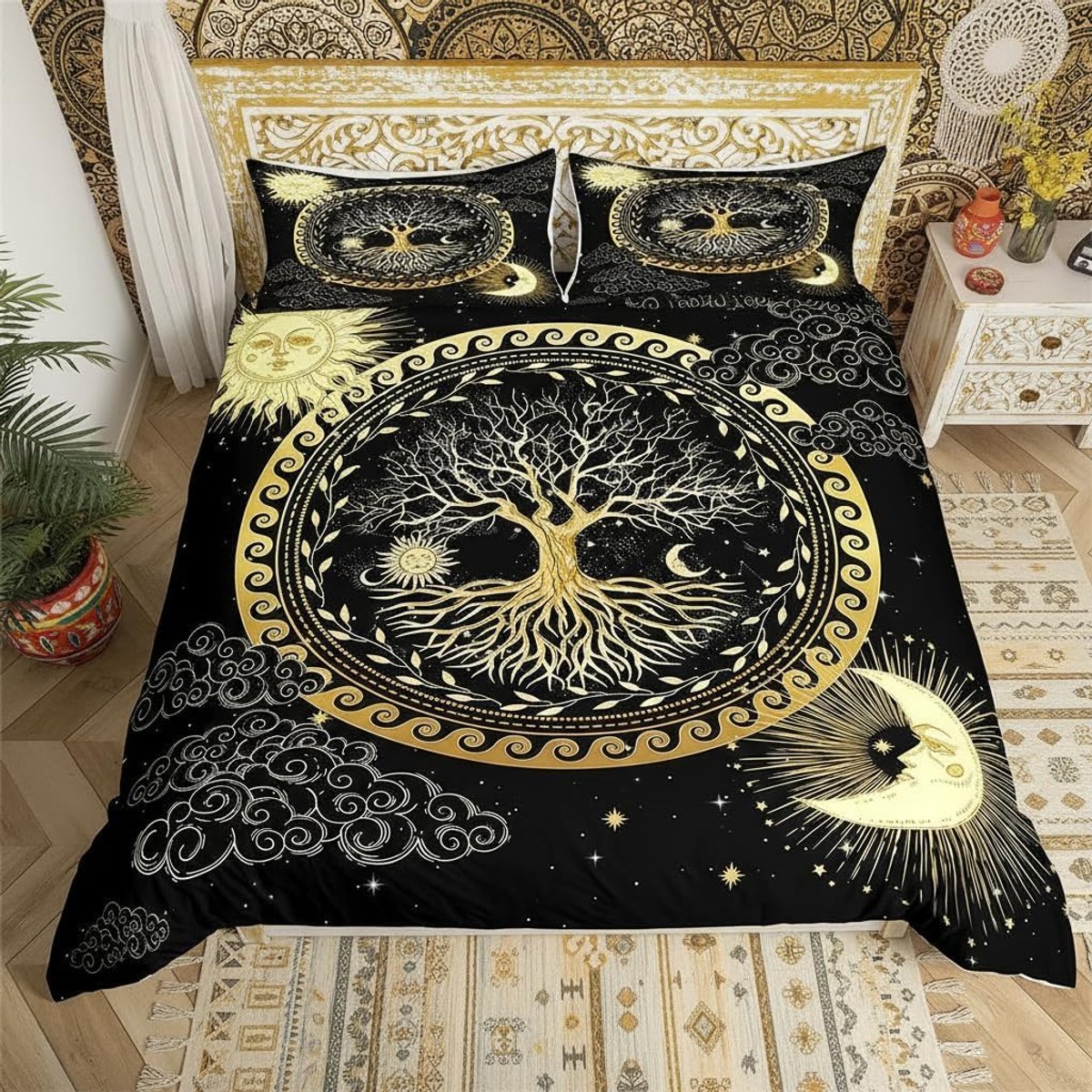 Des levens beddengoedset, zon en maan, boho, beddengoedset 135 x 200 cm, exotische plantengeometrie bedset voor kinderen, jongens, meisjes, tieners, 2 stuks ritssluiting microvezel