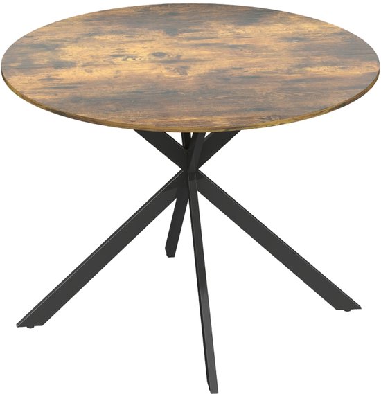 Ronde tafel met een houtlook blad en een zwart metalen kruispoot onderstel.
