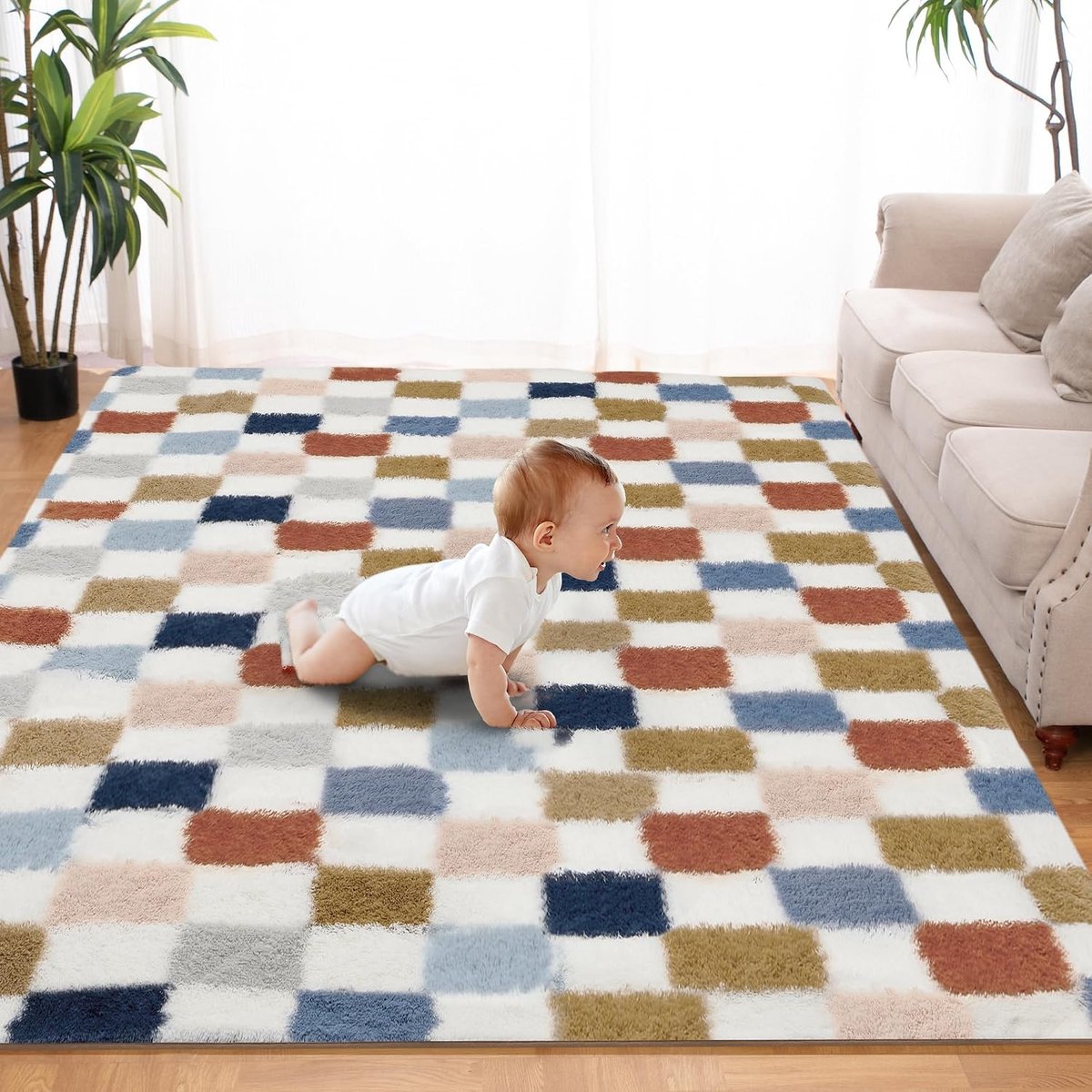 Zacht Hoogpolige Vloerkleden Woonkamer Geruit 240x340CM, Kleurrijk | Ruim Breed Hoogpolig Modern Tapijt en Schaakbordpatroon, Comfortabel voor Slaapkamer, Kinderkamer, Studie, Kantoor, Antislip