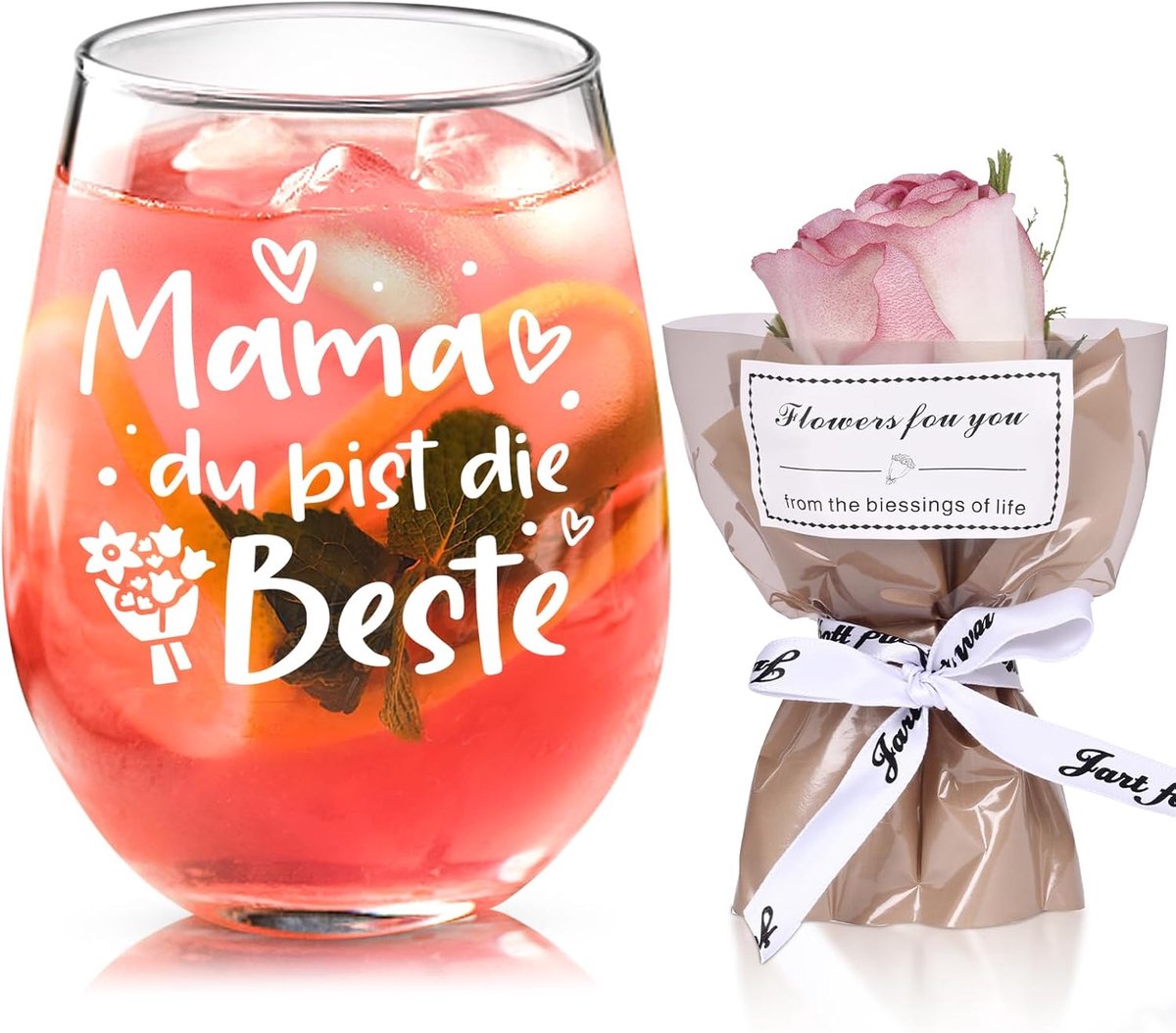 Wijnglas en bloemen voor mama, moederdagcadeau glas, beste mama cadeau, moeder dochter cadeau, 500 ml