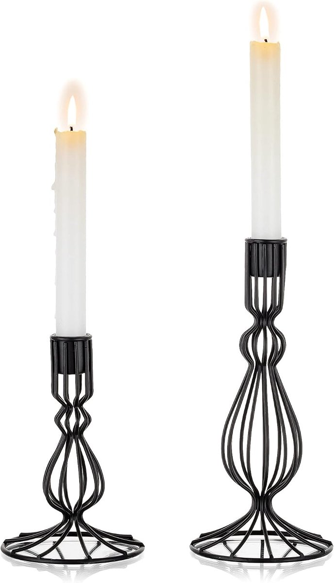 Metalen Draad Kaarshouders voor Taper Kaarsen - Moderne Kandelaarhouder Set Mat Zwarte Kaarsenstandaards Decoratief Eettafelcentrumstuk voor Halloween Kerstmis Kaarslicht Diner