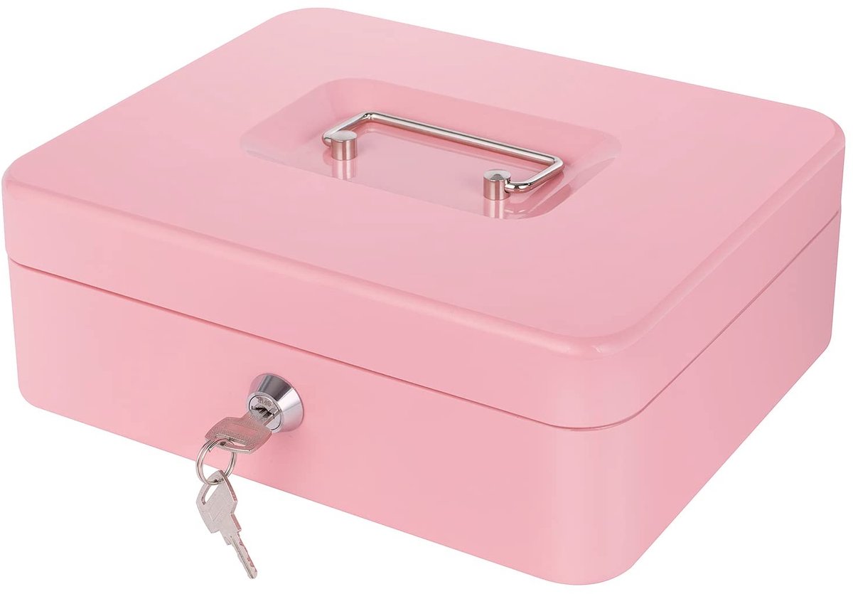 Elzusha - Roze Metalen Geldkistje met Slot en Muntenbakje Draagbaar 25x20x9cm