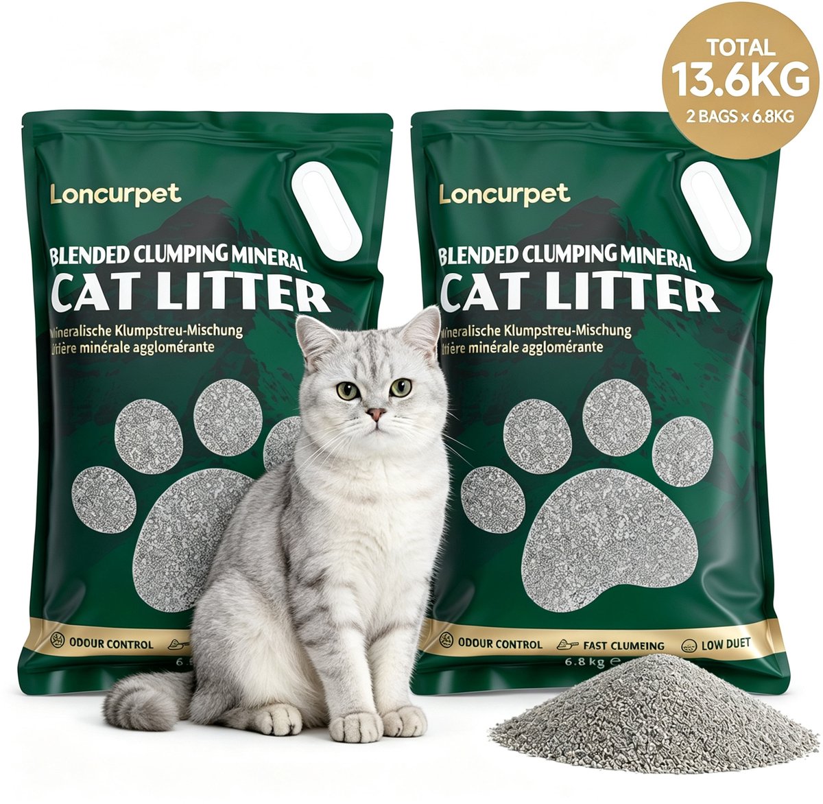Loncurpet - Kattenbakvulling - Gemengd Kattengrind - 2 x 6,8kg - Ultra Sterke Klontvorming - Stofarme Formule - Plakt Niet aan Pootjes - Effectieve Geurneutralisatie