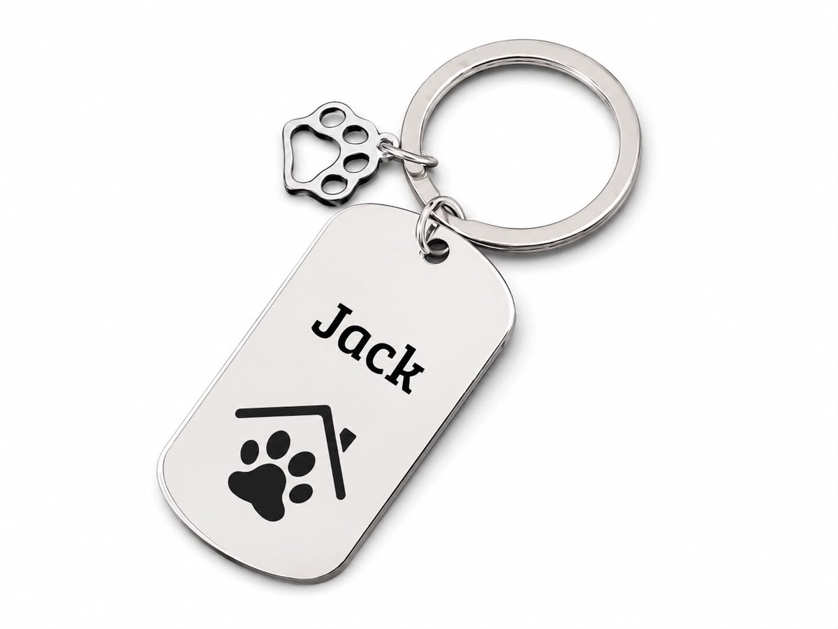 Zilveren RVS Hondenpenning met Hondenpoot en Huisje | inclusief Graveren | Hondenpenning met Bedeltje | Petshop Seven®