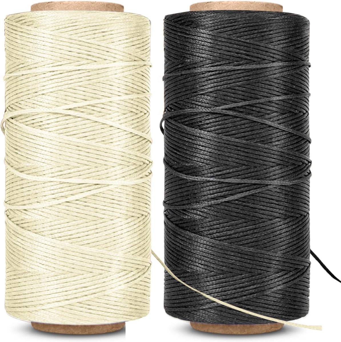 Gewaxte draad - 260 meter 0,8 mm 150D polyester wasdraad voor leer naaien, boekbinden, naaien, repareren, kralen en doe-het-zelf projecten (2 stuks, zwart en beige)