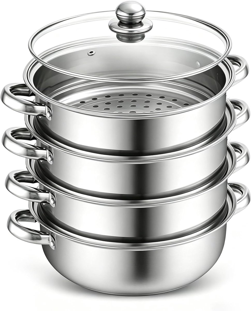 Stoompan 28 cm - 3/4 etages stoompan met glazen deksel, meerlaagse stoomkoker voor groenten, vis, zeevruchten, soepen en pasta, geschikt voor inductie (4)