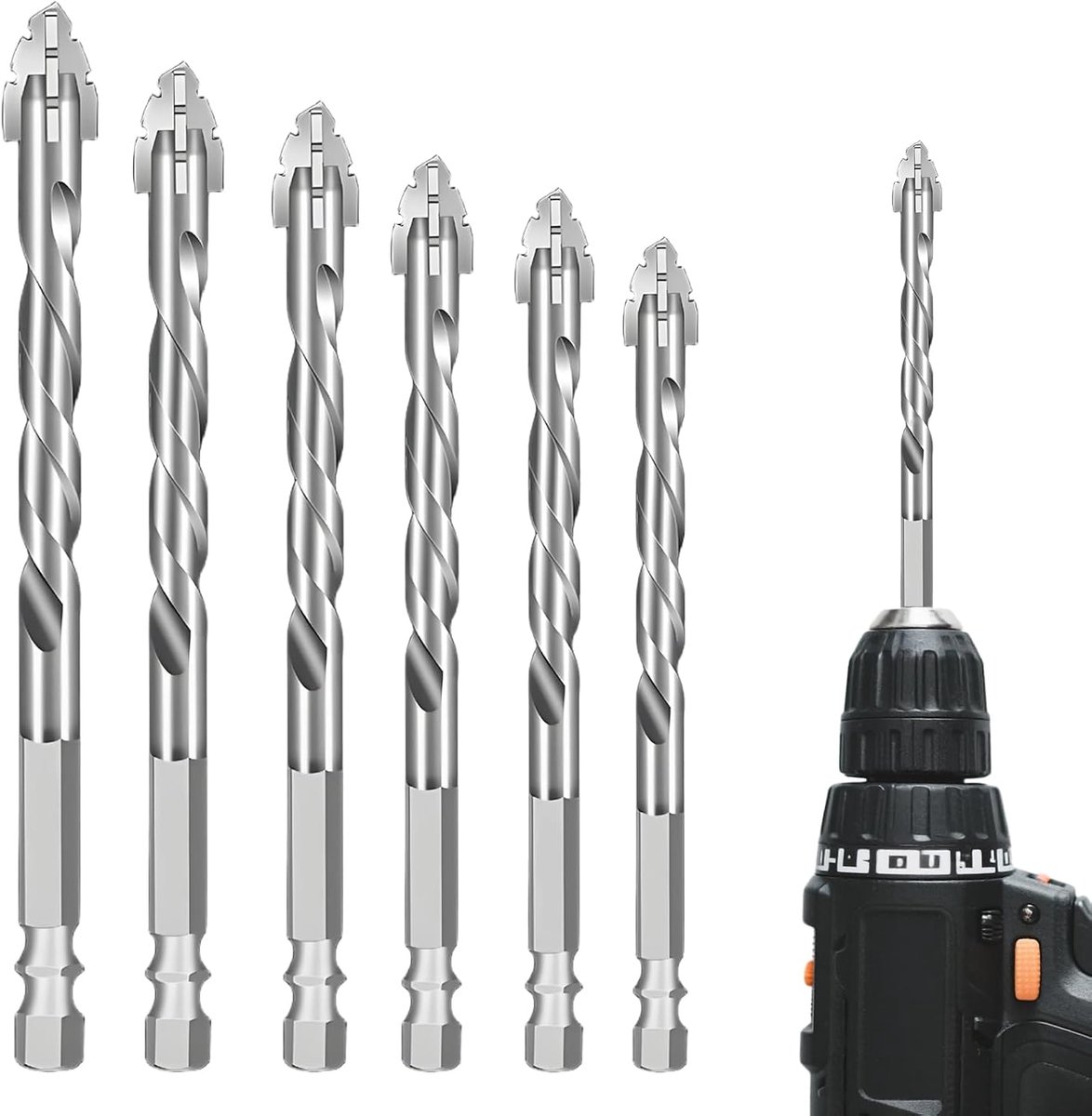 6-delige excentrische boorset, 1/4 inch zeskantschacht, 4/5/6/8/10/12 mm, zeer sterke excentrische boor met 4 snijkanten, zeer sterke excentrische boorsets, voor glas, keramiek, beton, hout, metaal