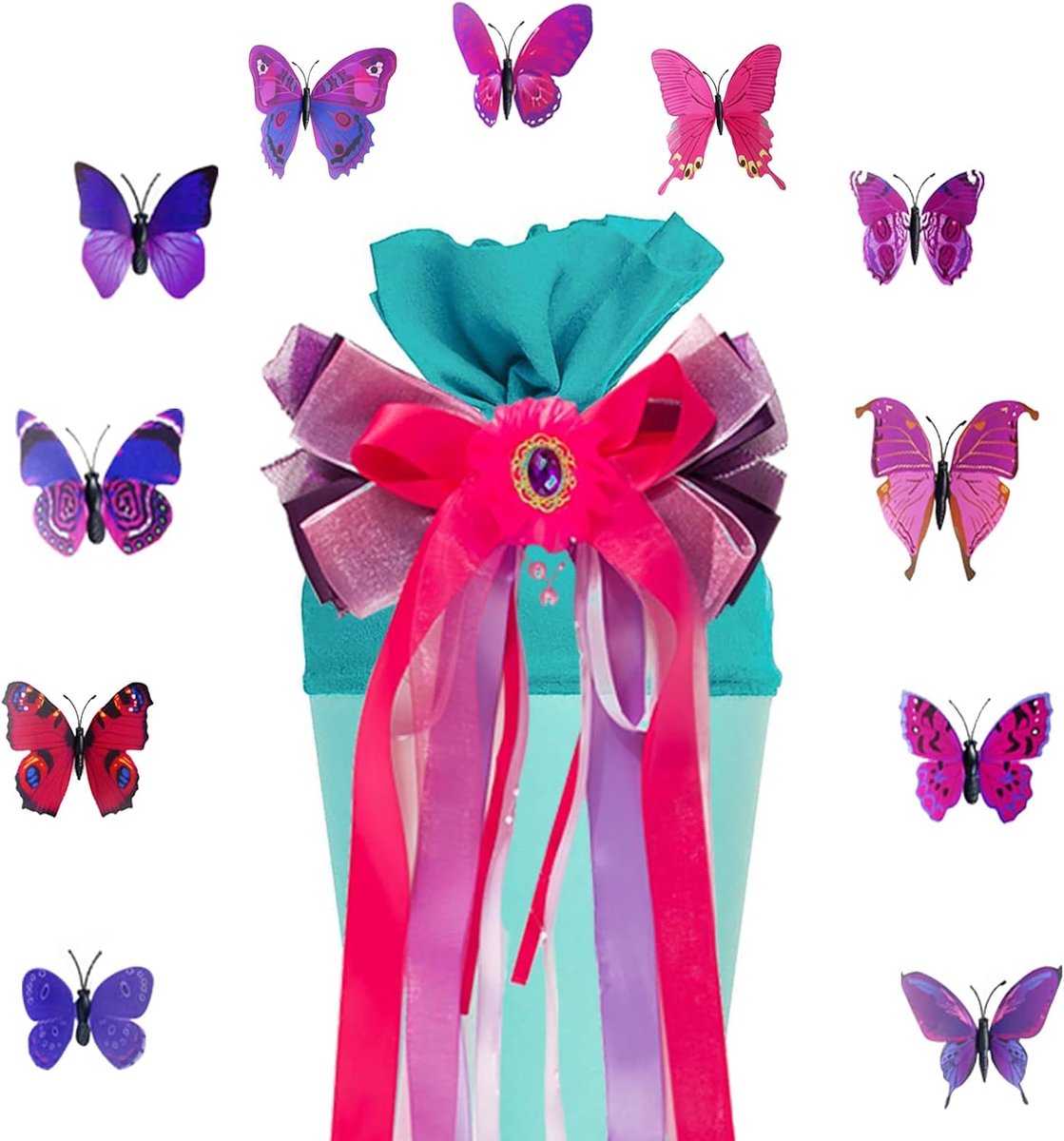 Schoolzakstrik, violet, rood met vlinderdecoratie, snoepzakjes, strik, meisjes, cadeau, strik met cadeaulint, strik, schoolzak, jongen, eerste schooldag, decoratie