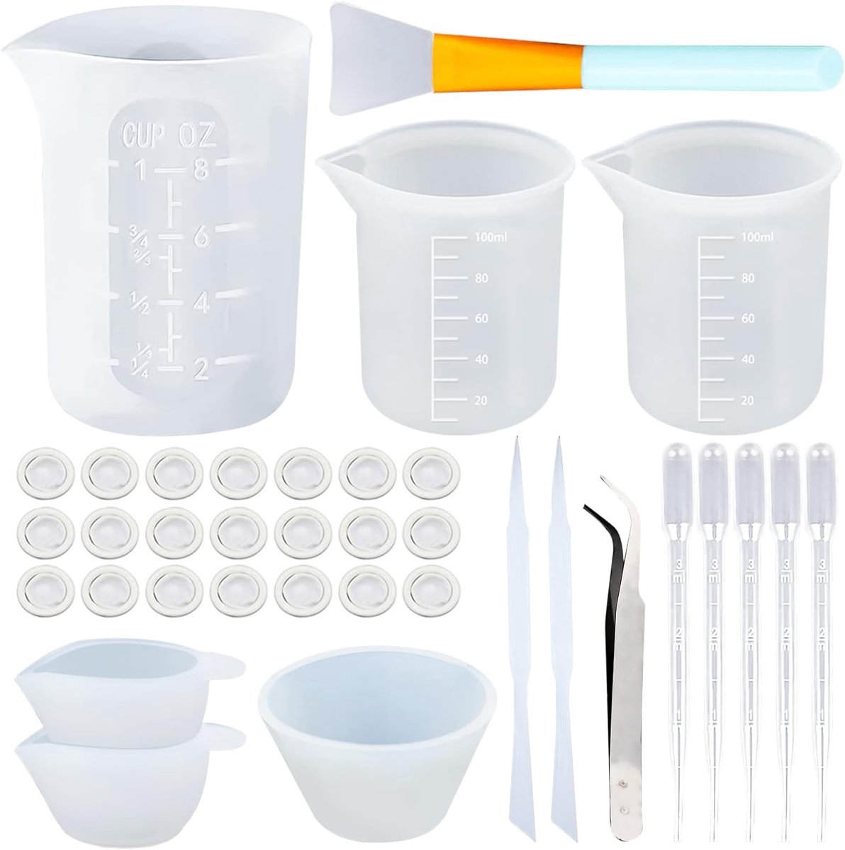 Maatbeker, epoxyhars, accessoireset, 35 stuks, 100 ml, 250 ml, anti-aanbak-mengbeker voor knutselen, epoxyhars, gietvormen, sieraden maken, met lepel, vingerlingen, pincet