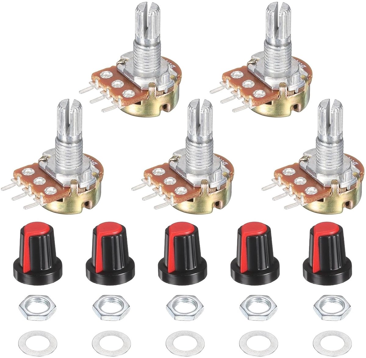 Potentiometers, 1K ohm, instelbare draaipotentiometer, lineair profiel voor apparaten, audio-toepassingen met kunststof knoppen en moeren.