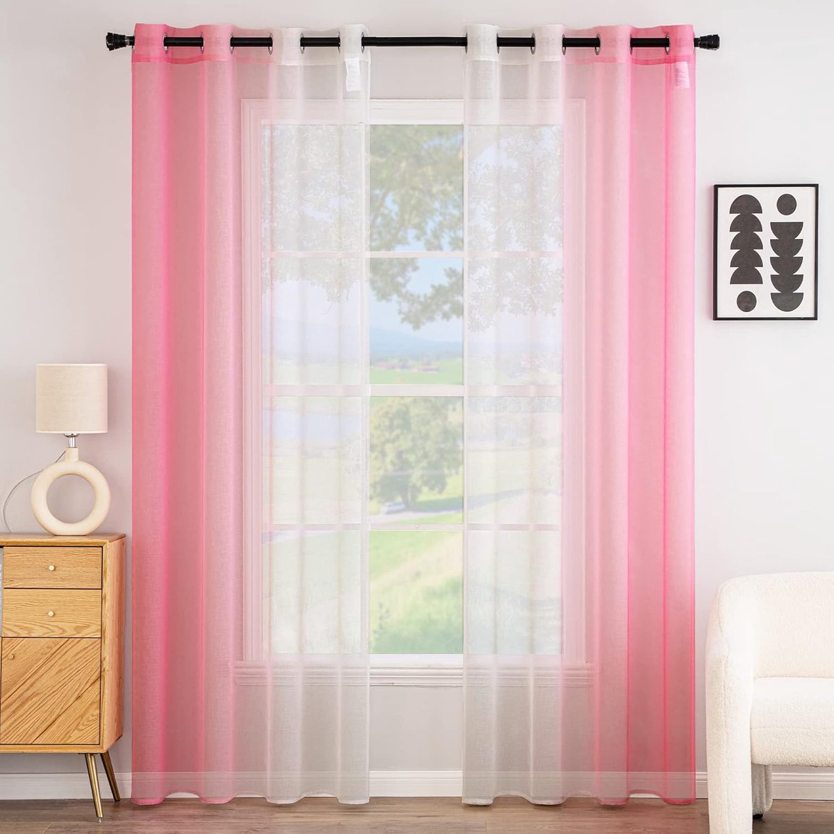 Gordijnen voile transparant oogjes 2P roze gordijn 245 x 140 cm | Voile-oogjes, transparant, voor woonkamer, slaapkamer, badkamer, keuken, kinderkamer, raamgordijn voor balkon