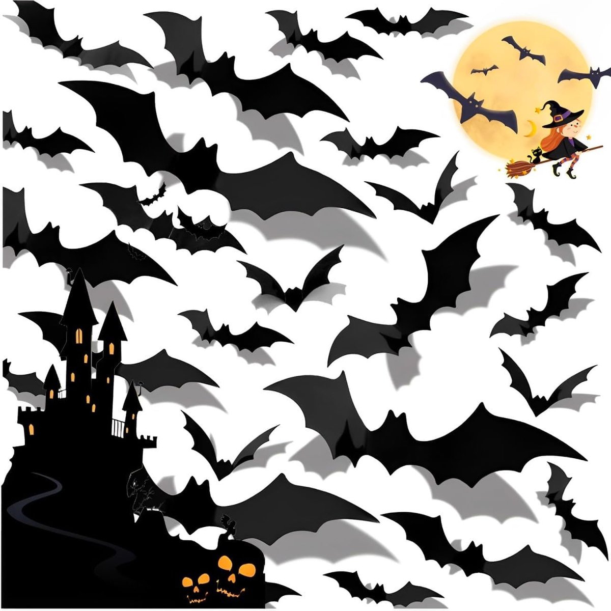 120 stuks Halloween 3D-vleermuisdecoratie, muurstickers in 4 verschillende maten, waterdicht pvc, griezelig zwart, afneembare vleermuis, doe-het-zelf Halloween-decoratieset voor Halloween