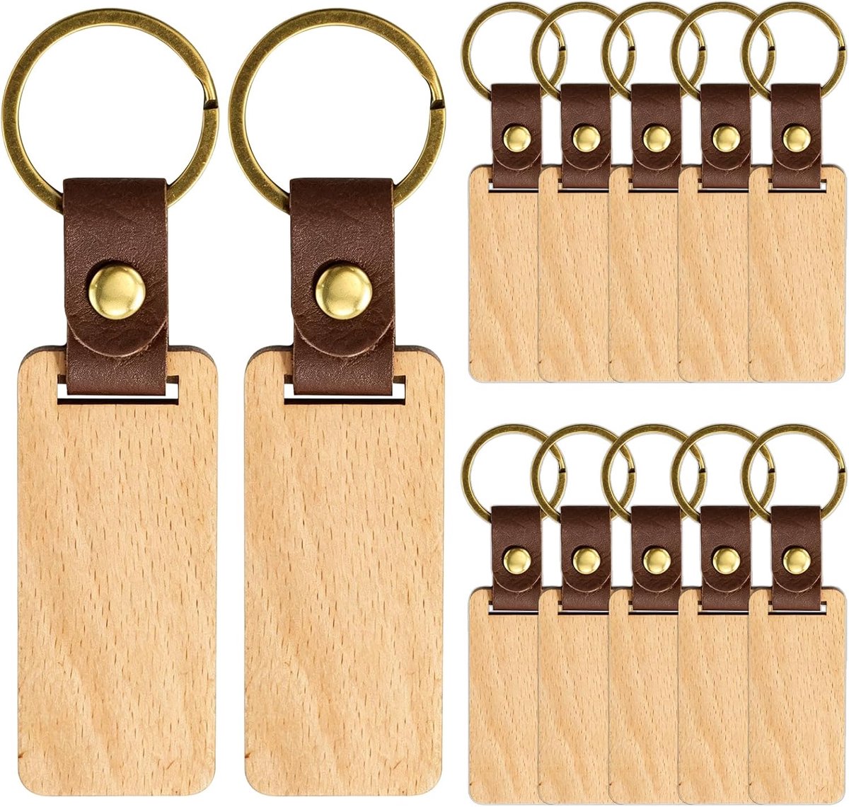 12 stuks gepersonaliseerde houten sleutelhangers, leren onbewerkte sleutelhangers om te graveren en te knutselen, onafgewerkte sleutelhangers om te beschilderen en te beschrijven