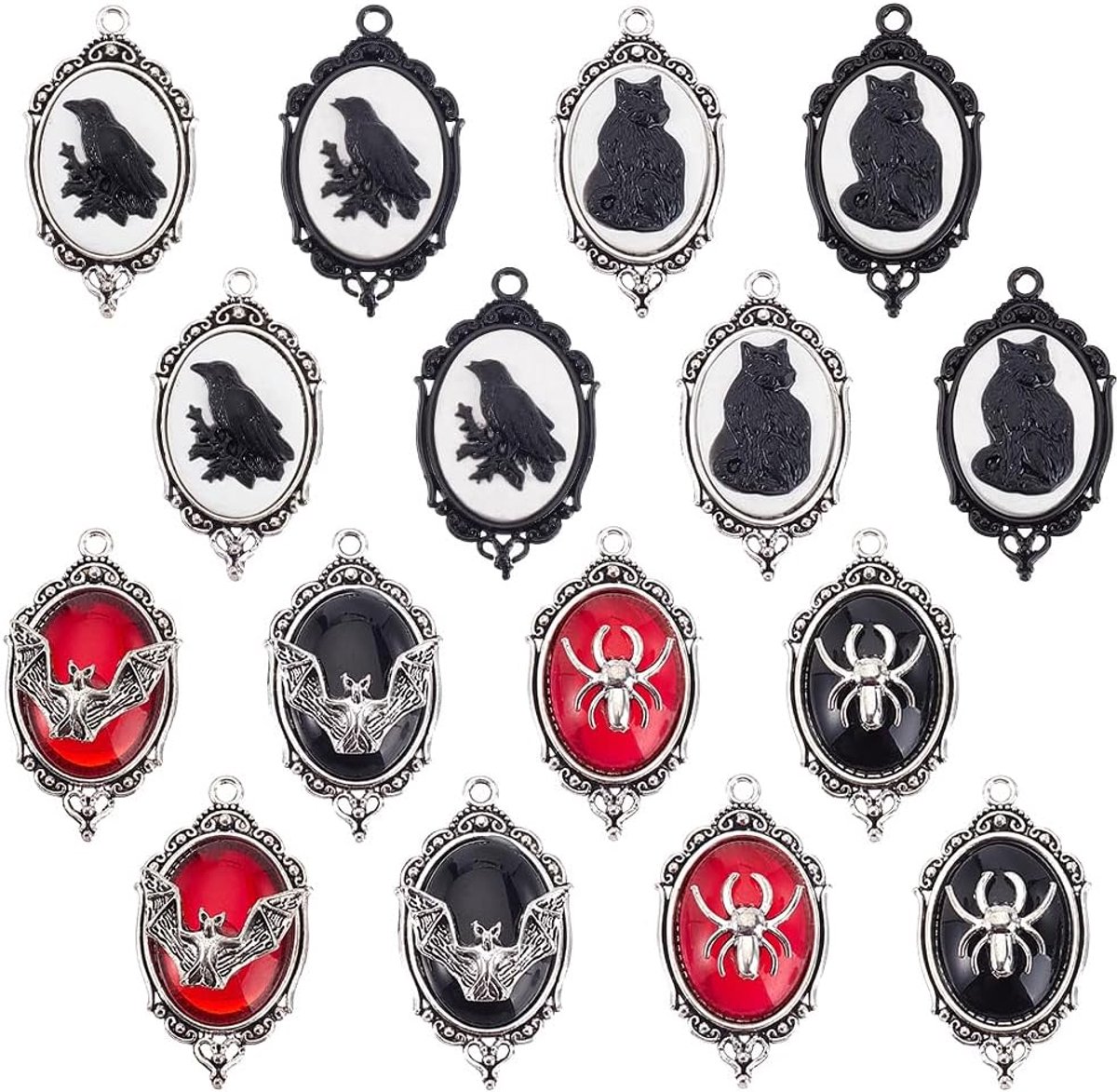 16 Stks 8 Stijlen Gothic Kat Spider Bat Raven Hangers Vintage Punk Halloween Heks Sieraden Goth Raven Cameo Hanger Zwarte Kat Halloween Heks Kostuum Accessoires Voor Vrouwen Outfit Party