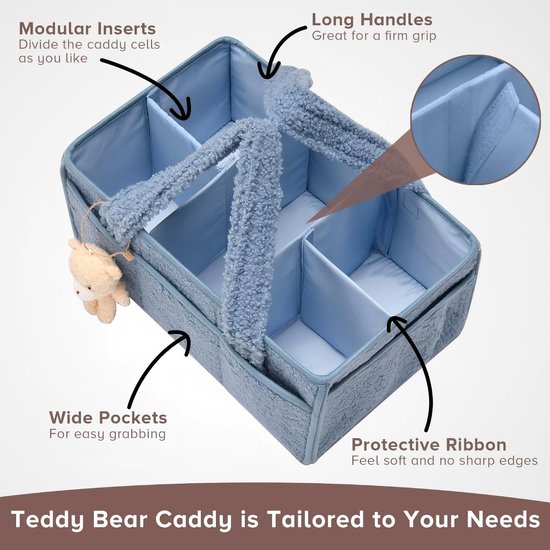 Luiermand - Babyopbergmand - Verzorgingsmand - Reismand - Zachte teddy stof comfortabele handvatten - Verstelbare binnenverdelers meerdere voorzakken - Teddy fleece - 38×25×18 cm - Geschikt voor babykamer kraamcadeau thuisopruiming - Blauw — afbeelding 5
