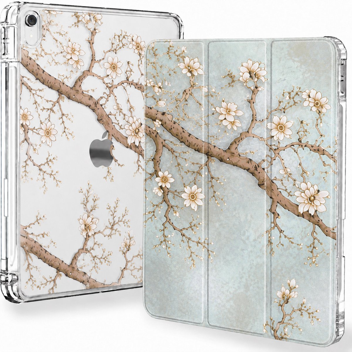 Sounix Tablet hoes geschikt voor Apple iPad 11 (2025) A16 / Apple iPad 10.9 (2022) - Hoesje met Pencil Houder Uitsparing - Groene en witte bloemen