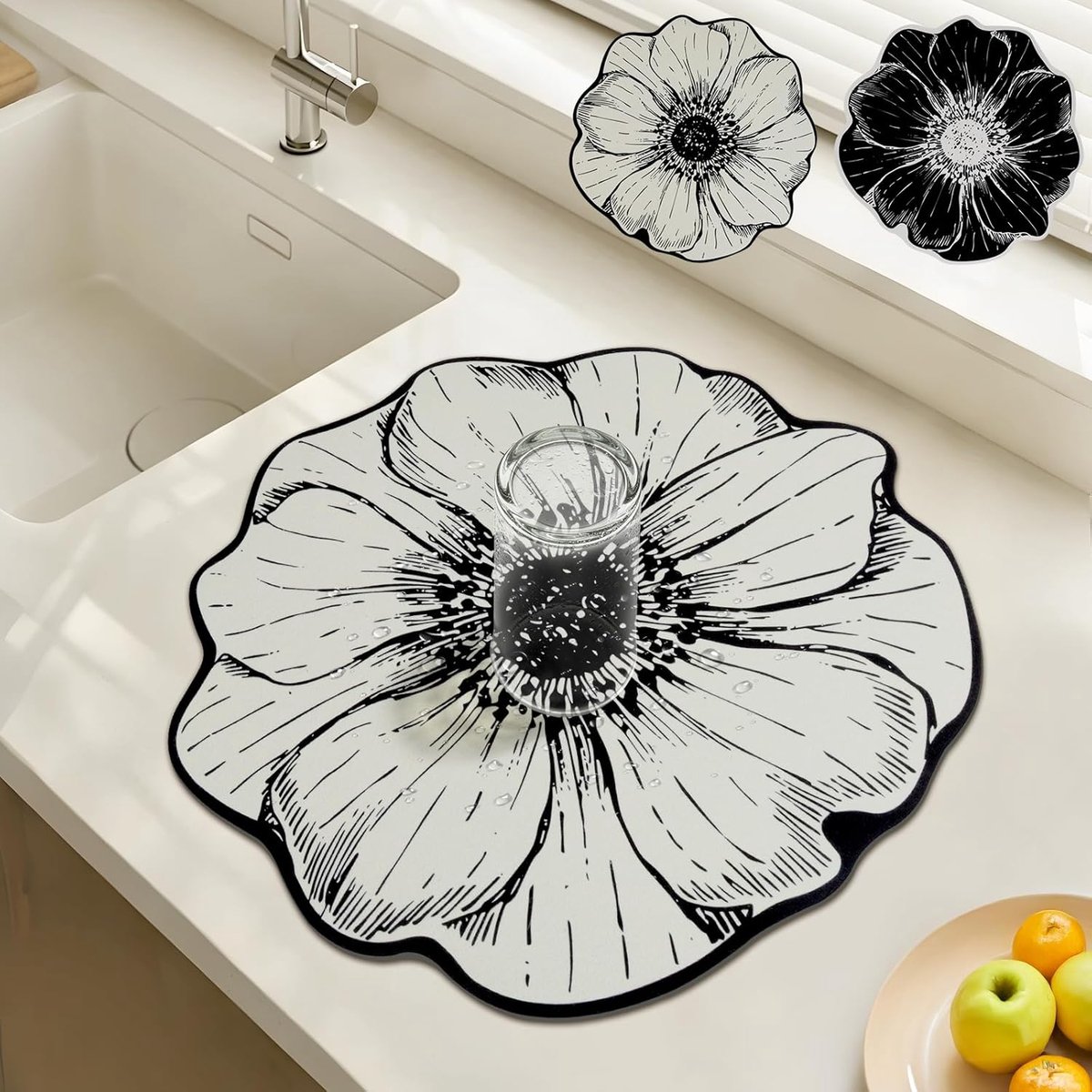 Comfoyar 2 pack bloemvormige afdruipmat voor aanrecht, 40 cm superabsorberende, sneldrogende koffiematten met antislip rubberen achterkant, hittebestendige afdruipmat voor kopjes afdruiprek koffiebar
