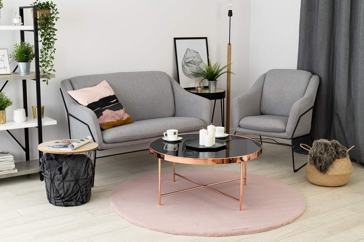 Vloerkleed van pluche met konijnenbont-look - zacht en comfortabel voor woonkamer, slaapkamer & inloopkast - roze rond 140 cm
