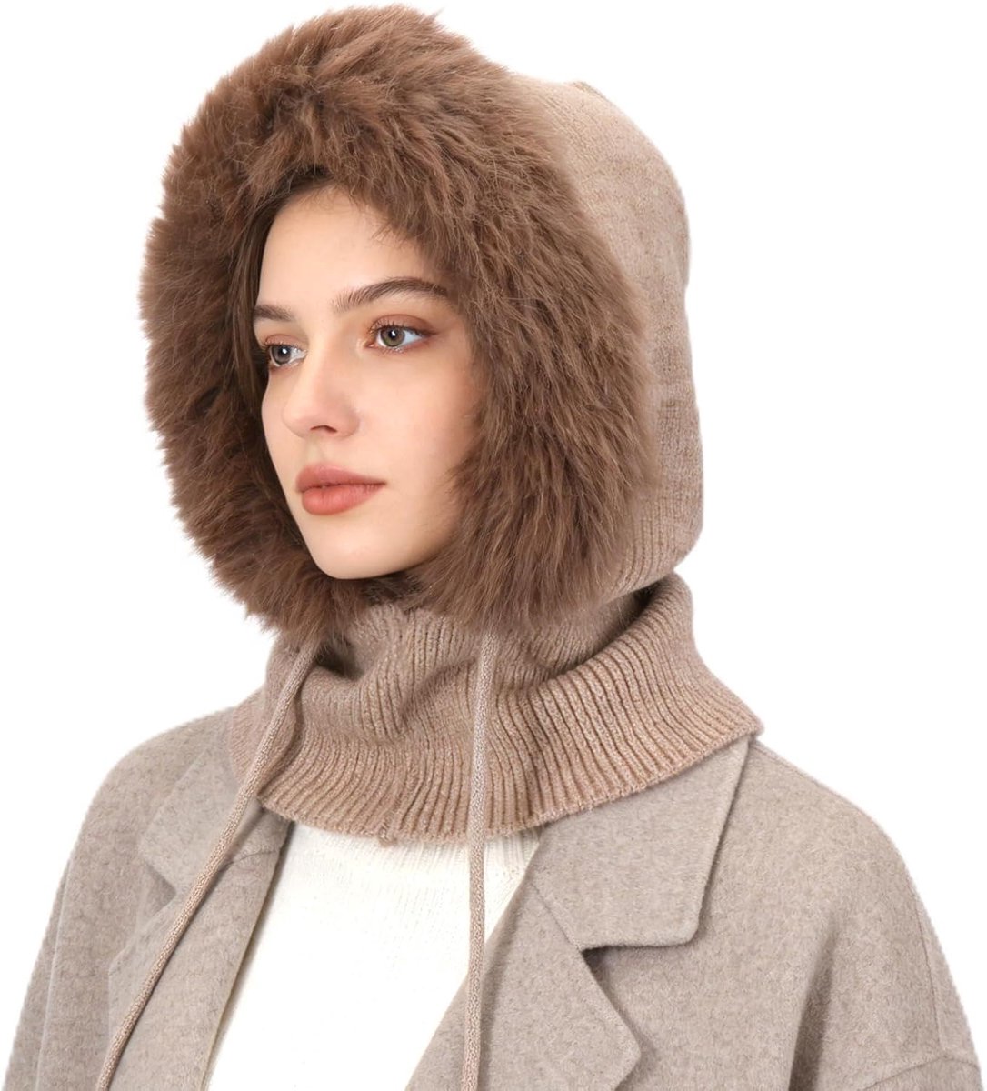 Gebreide muts voor dames, warme winddichte verstelbare sjaal met capuchon, pluche muts, 2-in-1 modieuze bivakmuts voor dames, muts met nekwarmer voor buitenactiviteiten, winkelen