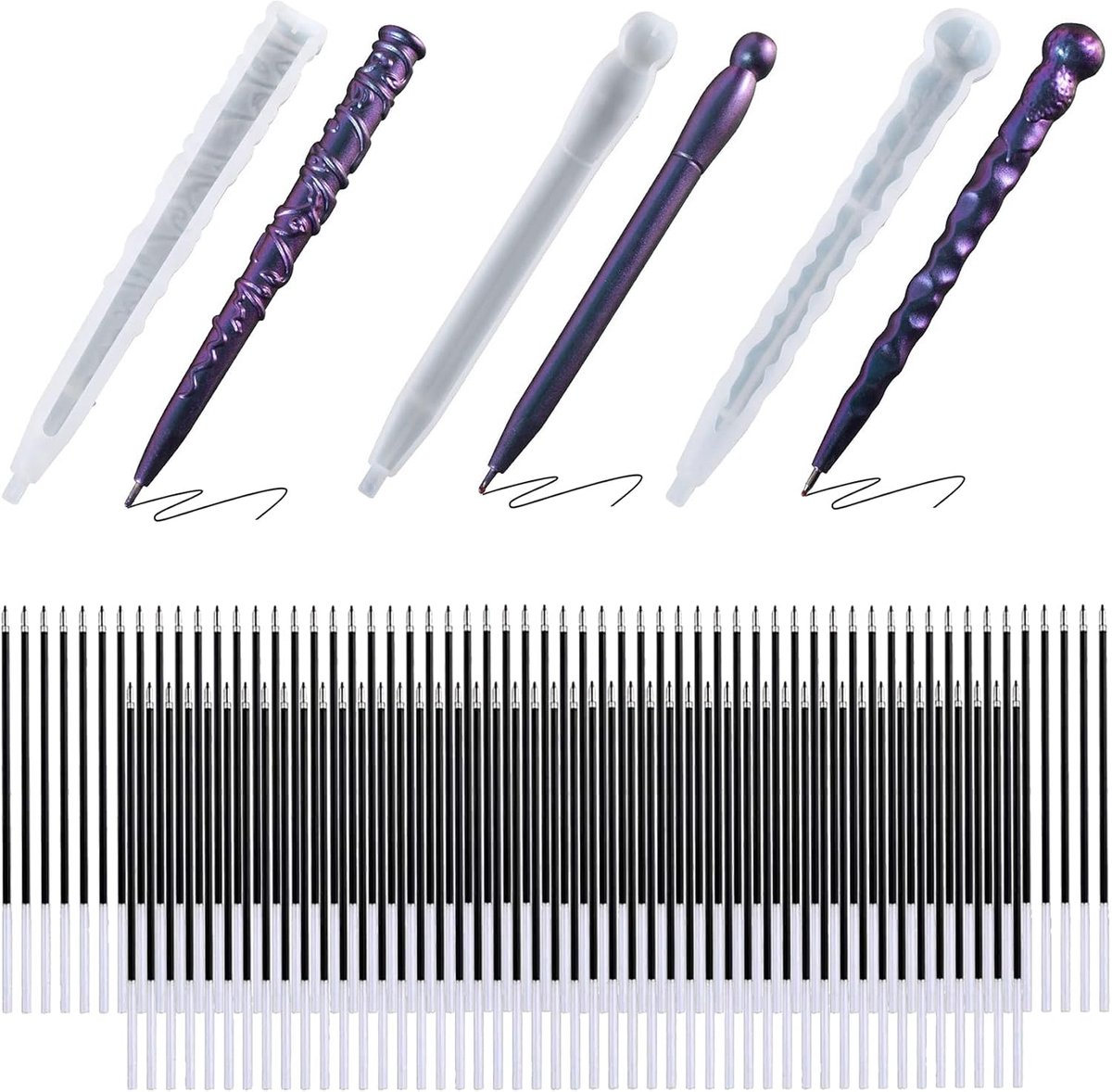 111 stuks epoxyhars-mallen pennen, 3 stuks stiftsiliconen mallen pen giethars siliconen mal gietvormen 100 stuks navullingen, 5 stuks plastic druppels voor kunsthars gieten