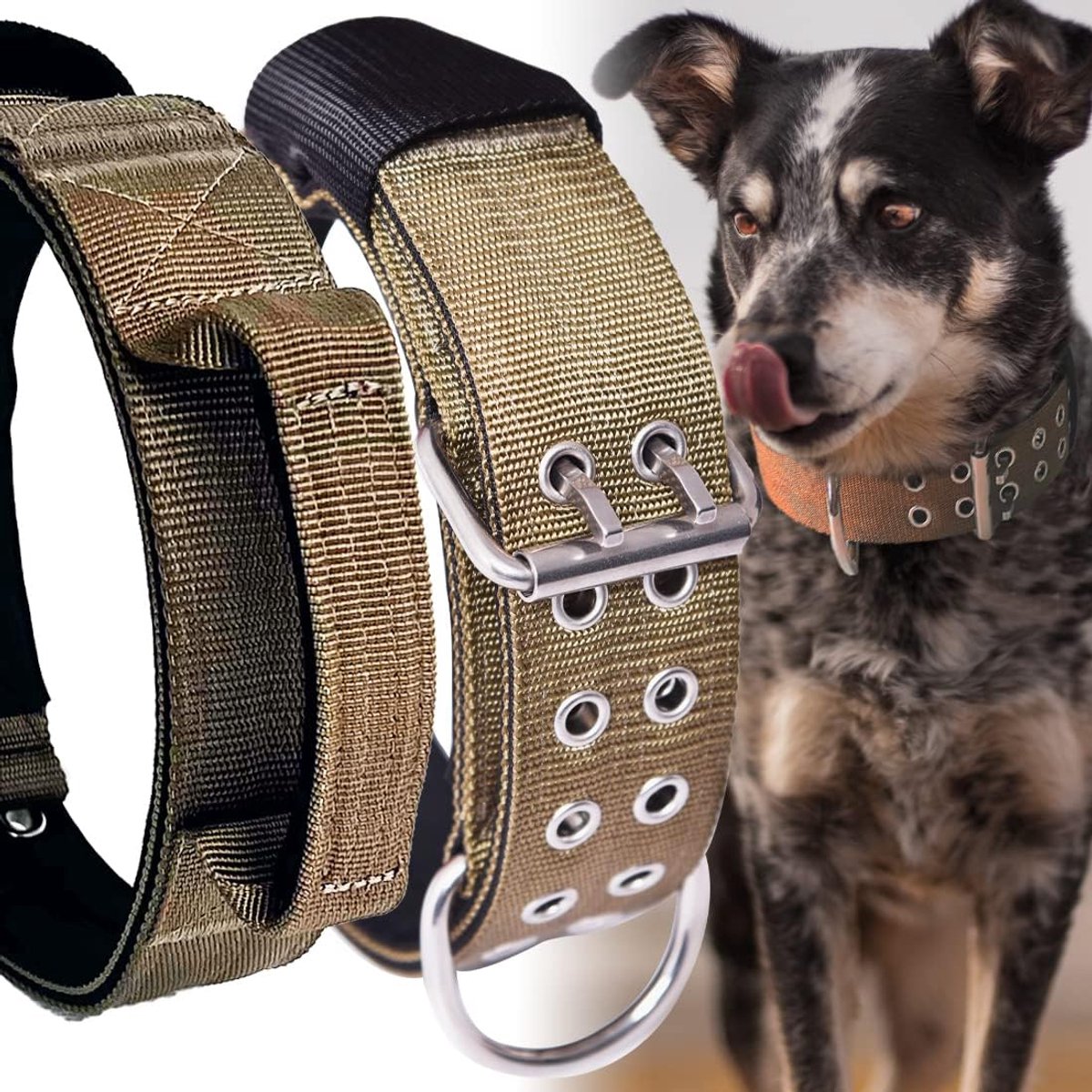 Dog Collar 56-66 cm, 5 cm Brede Halsband Met Handvat Voor Extra Grote Hondenrassen, Kaki, Zacht Gevoerd Neopreen Nylon Hondenhalsband Voor Grote Honden