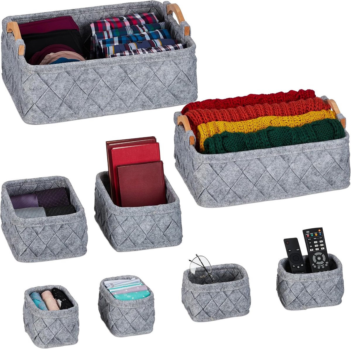 Vilten manden, 8-delige set, 4 groottes, kledingkast organizer, ondergoed, lade-organizer, bh, lichtgrijs