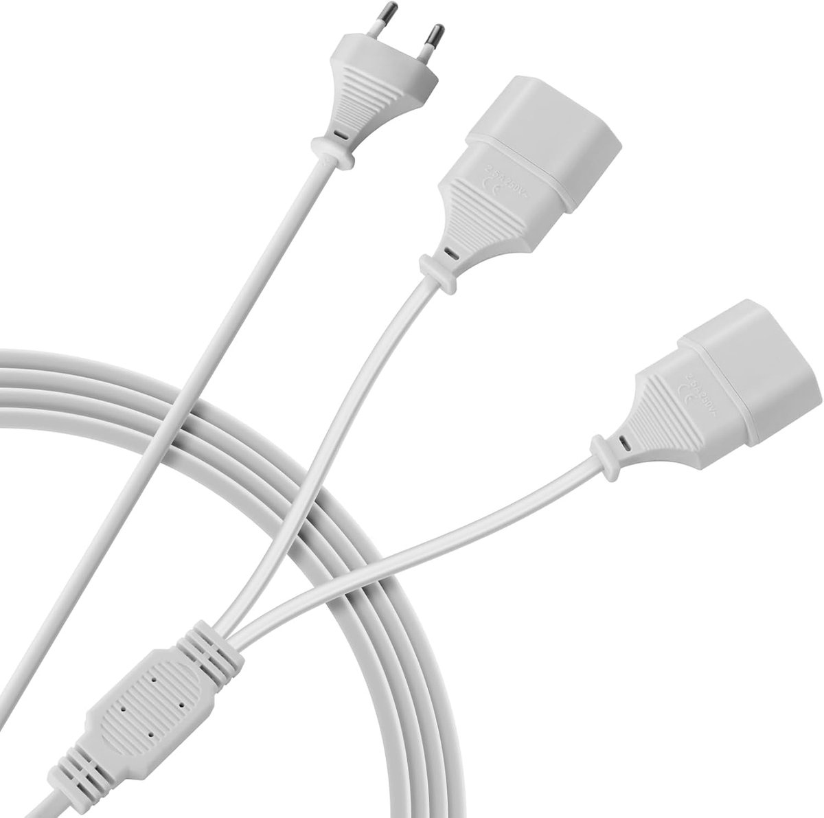 2 m geaarde verlengkabel, 1-2 eurostekker, verlengkabel, type C, 0,75 mm², max. 2,5 A/250 V, eurostekker, verlenging voor tv, pc, monitor, huishoudelijke apparaten, wit
