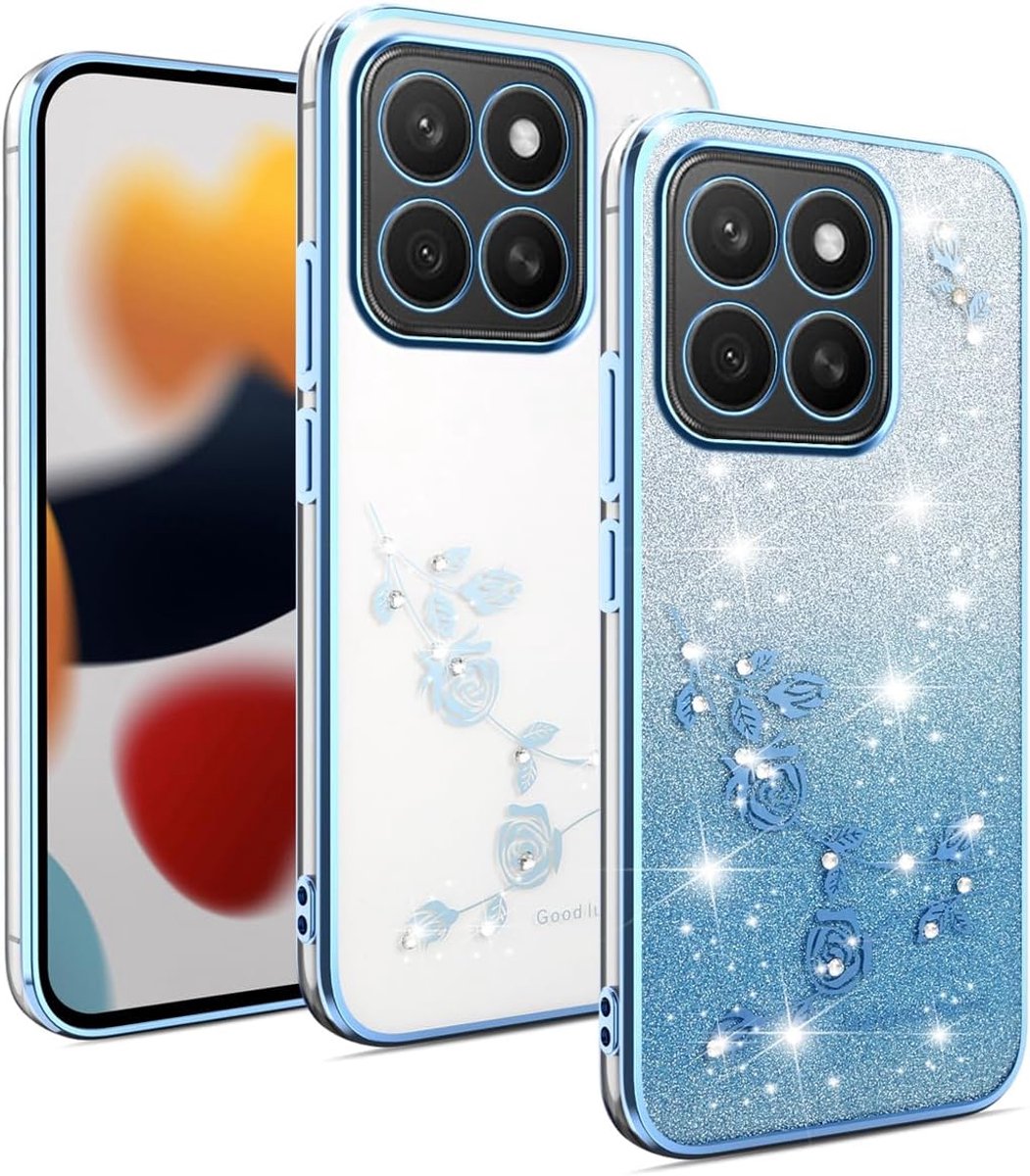 Transparant telefoonhoesje met glitters voor Honor X8c, vrouwen en meisjes, slanke hoes met flora-bling-patroon, TPU ShooBrillant beschermhoes (blauw)