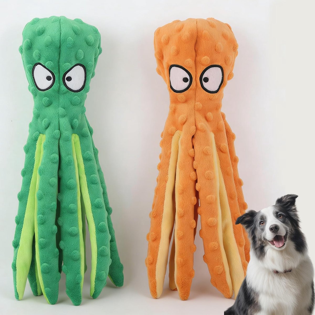 2 stuks hondenpiepspeelgoed, octopus, zacht, schattig kauwspeelgoed, schelp puzzel, speelgoed, bijtvast, interactief, accessoires voor huisdieren (groen, oranje)