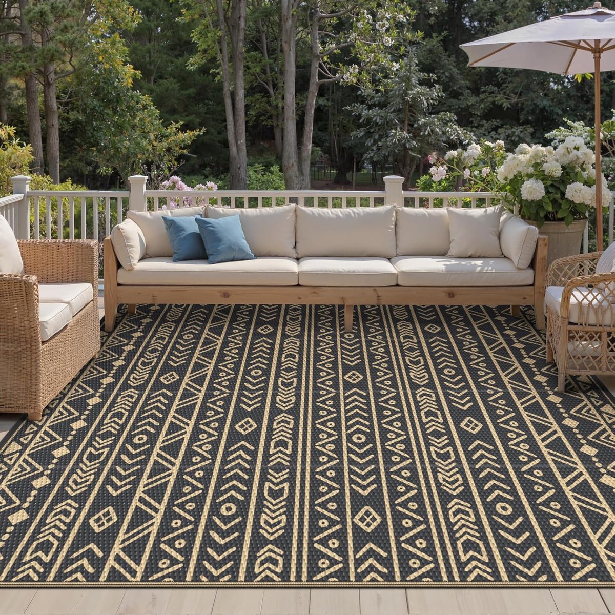 Buitenkleed Waterdicht, Wasbaar Picknickkleed voor Tuin, Balkon, Terras, UV-bestendig, Omkeerbaar Vloerkleed voor Camping, 275x365cm, Bohemian strepen zwart bruin