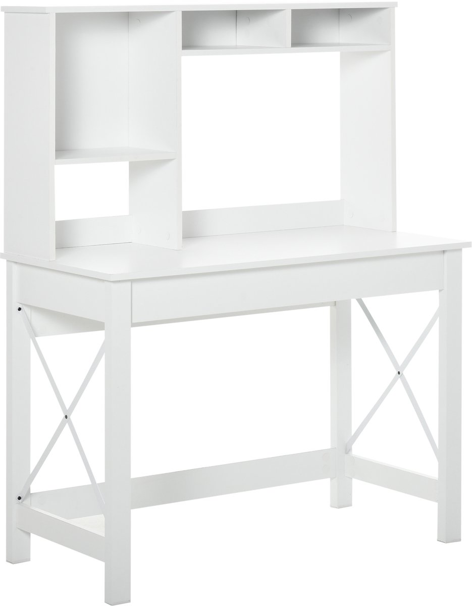 Bureau met open boekenkast aan de voorkant - houten bureau - voorzien van een boekenkast - legplanken en een ruim werkblad - wit