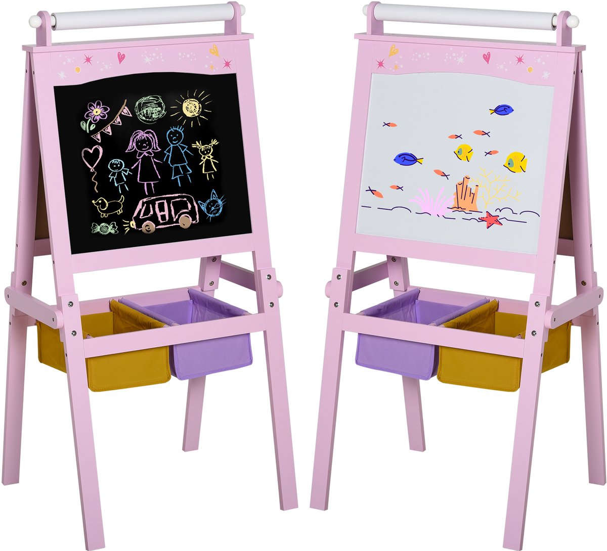 3-in-1-schildersezel voor kinderen -dubbelzijdig kinderbord - in hoogte verstelbaar met whiteboard en krijtbord -staand bord met papierrol - voor kinderen - roze