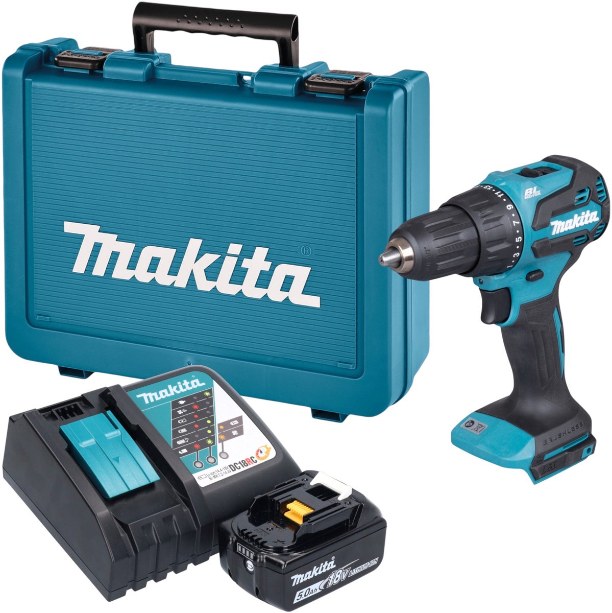 Makita DHP 490 RT1E accu-slagboormachine 18 V 65 Nm borstelloos + 1x accu 5,0 Ah + oplader + koffer