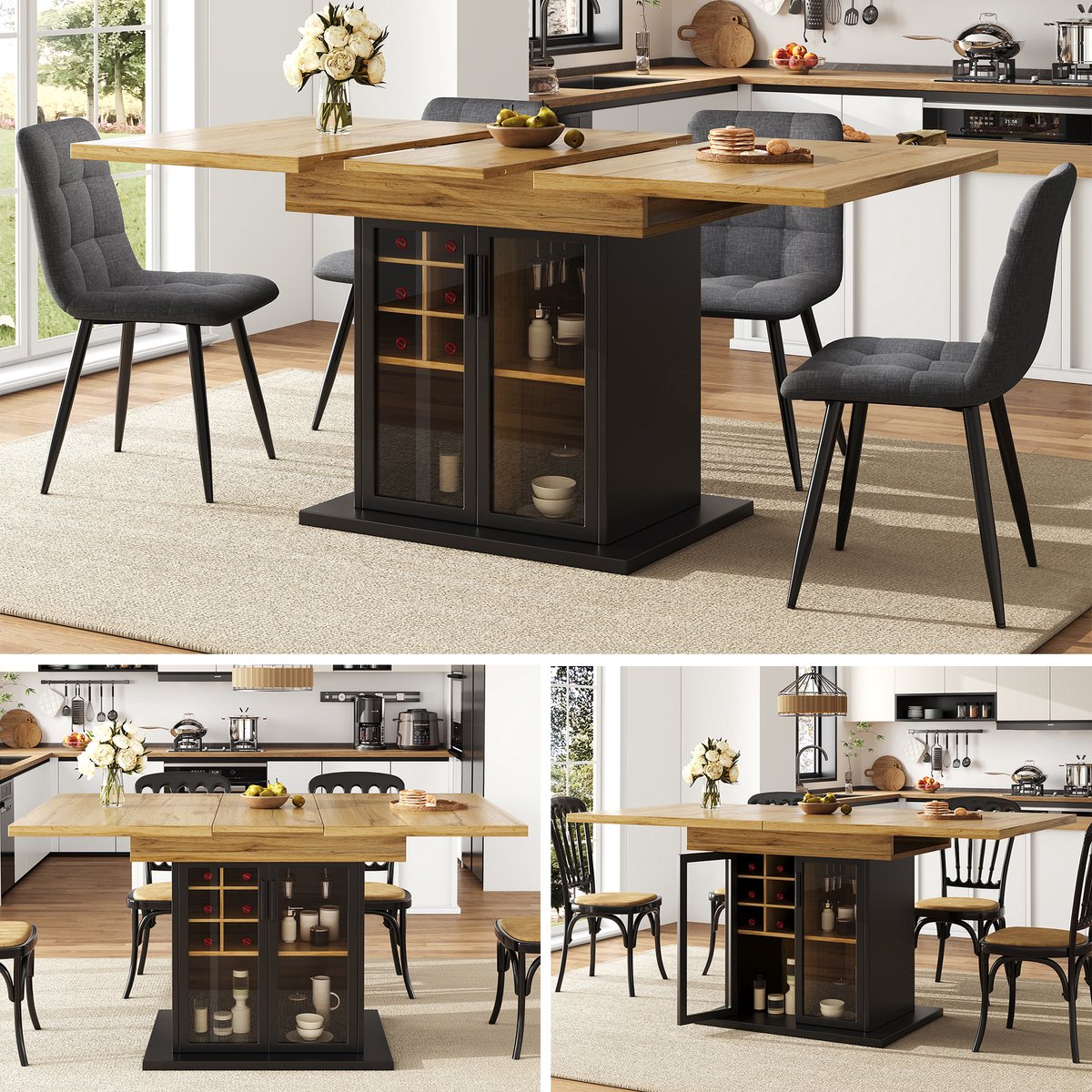 Intebiki Uitschuifbare eettafel (110/140×80 cm) - Keukentafel met wijnrek en bruine glazen deuren - Biedt plaats aan 4-6 personen - Zwart + natuurlijke kleuren
