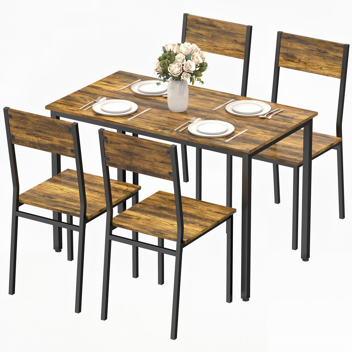 Eetgroepen, eettafel met 4 stoelen, rechthoekige keukentafelset voor 4 personen, zitgroep voor keukentafelset voor eetkamer/woonkamer/terras, bruin