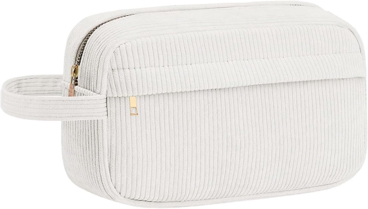 Grote Corduroy Pennenhouder met 2 Compartimenten en Handvat voor School, Kantoor en Make-up Gebruik - Ruime Pennentas in Wit
