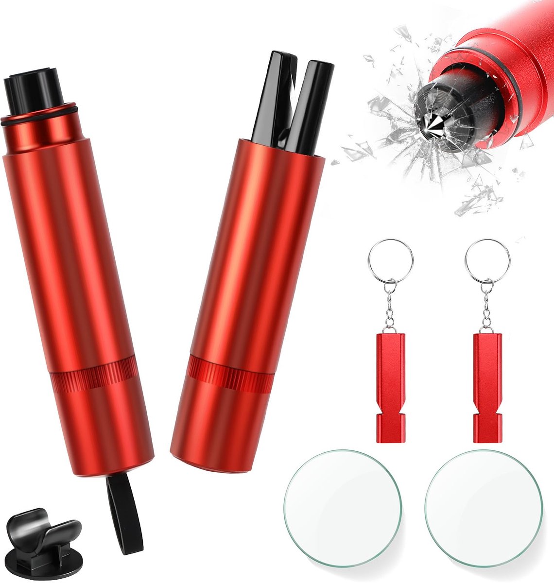 Set van 2 Auto Veiligheidshamers - 2-in-1 Noodhamer met Gordelsnijder - Multifunctionele Reddingshamer met Veiligheidsfluitje & Oefenglas - Auto Noodgereedschap voor Veiligheid - Rood