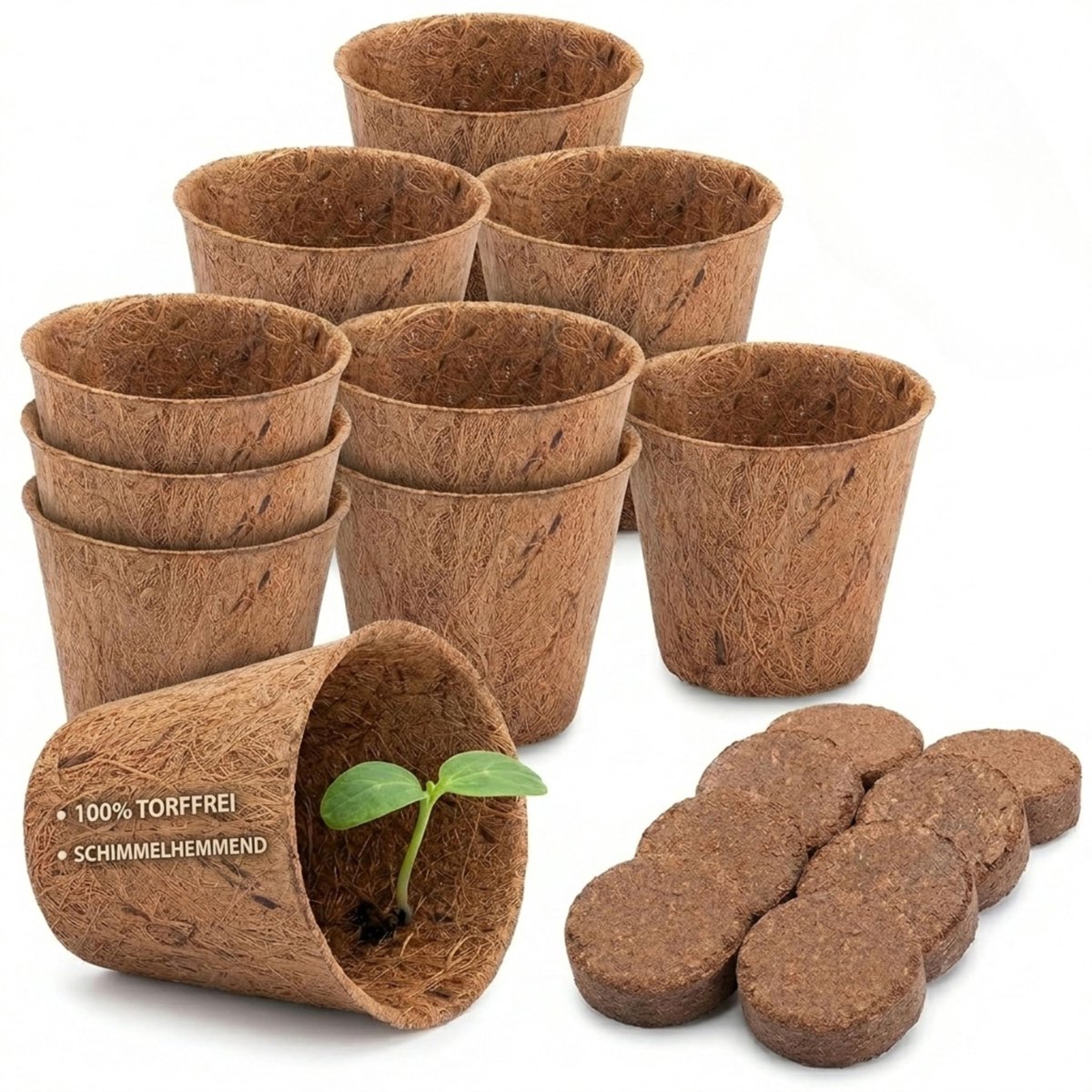 10-delige Kokos Kweekpotten Set met Zweltabletten - Turfvrije Kweekpotjes voor Zaaien, Stekken & Planten - Biologisch Afbreekbare Zaai- en Kweekpotten - Ø 6 cm (0,05 L)