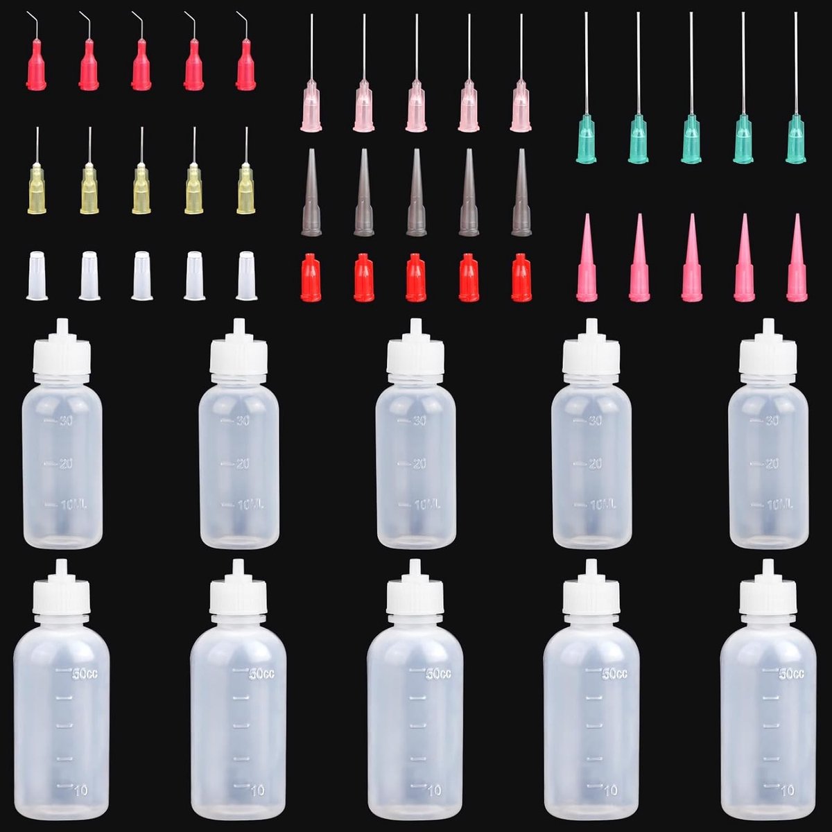 10 Stuks Naaldflessen met Fijne Tips, Doseerflessen voor Vloeistoffen, Lijm, Olie en Acrylverf, 1 fl oz en 50 ml