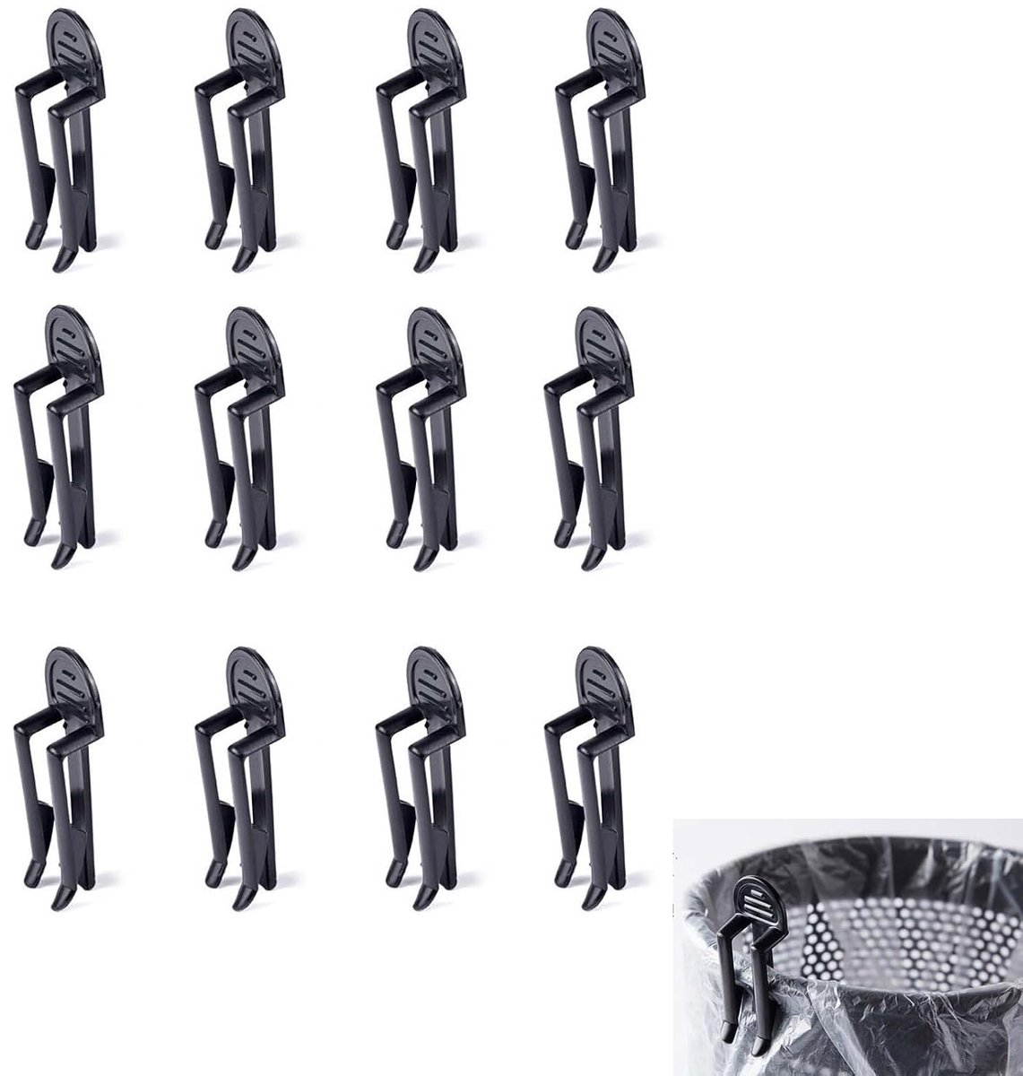 Prullenbak clips - 12 stuks - Vuilnisbak Clips - Afvalzak klemmen - Prullenbak Fixatie Clips Voor Vuilniszak - Vuilniszak Klem - Prullenbak-fixatie clips - Bevestigingsclips - Vuilniszak klem - Zakhouder voor afvalemmers - Anti slip houder - Zwart