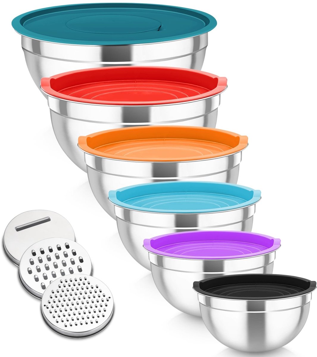 SolidKeus - Set van 6 RVS Mengkommen met Deksel en Raspaccessoires