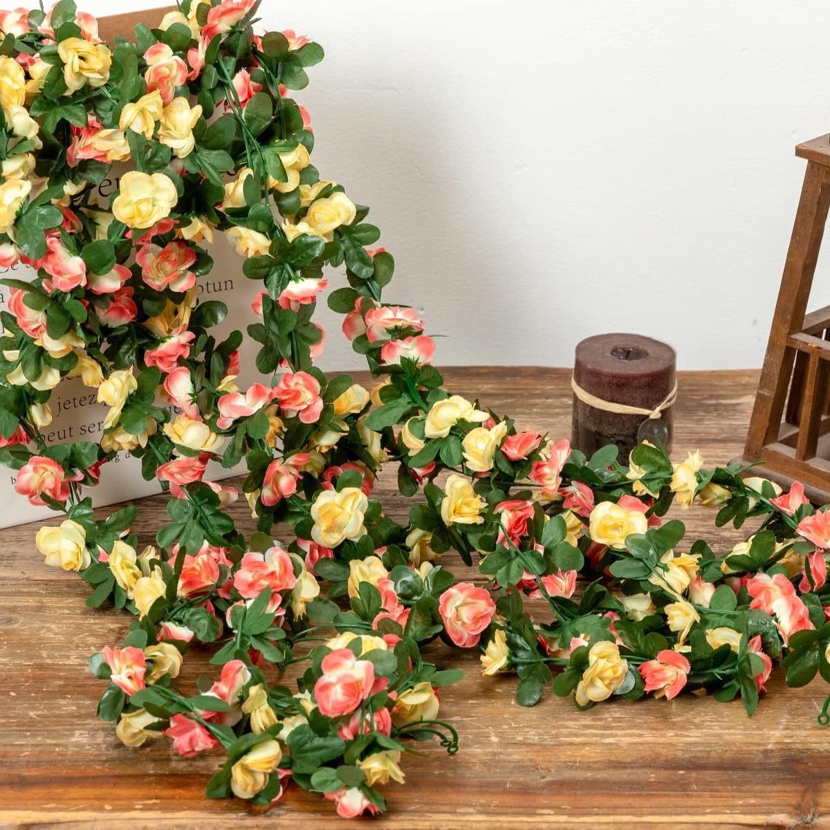 Kunstbloemen Gele Rozenrank – Set van 10 – 2,4 Meter Lange Rozen Slingers – Realistische Kunstrozen – Voor Bruiloft, Tuin, Muurdecoratie & Feestversiering