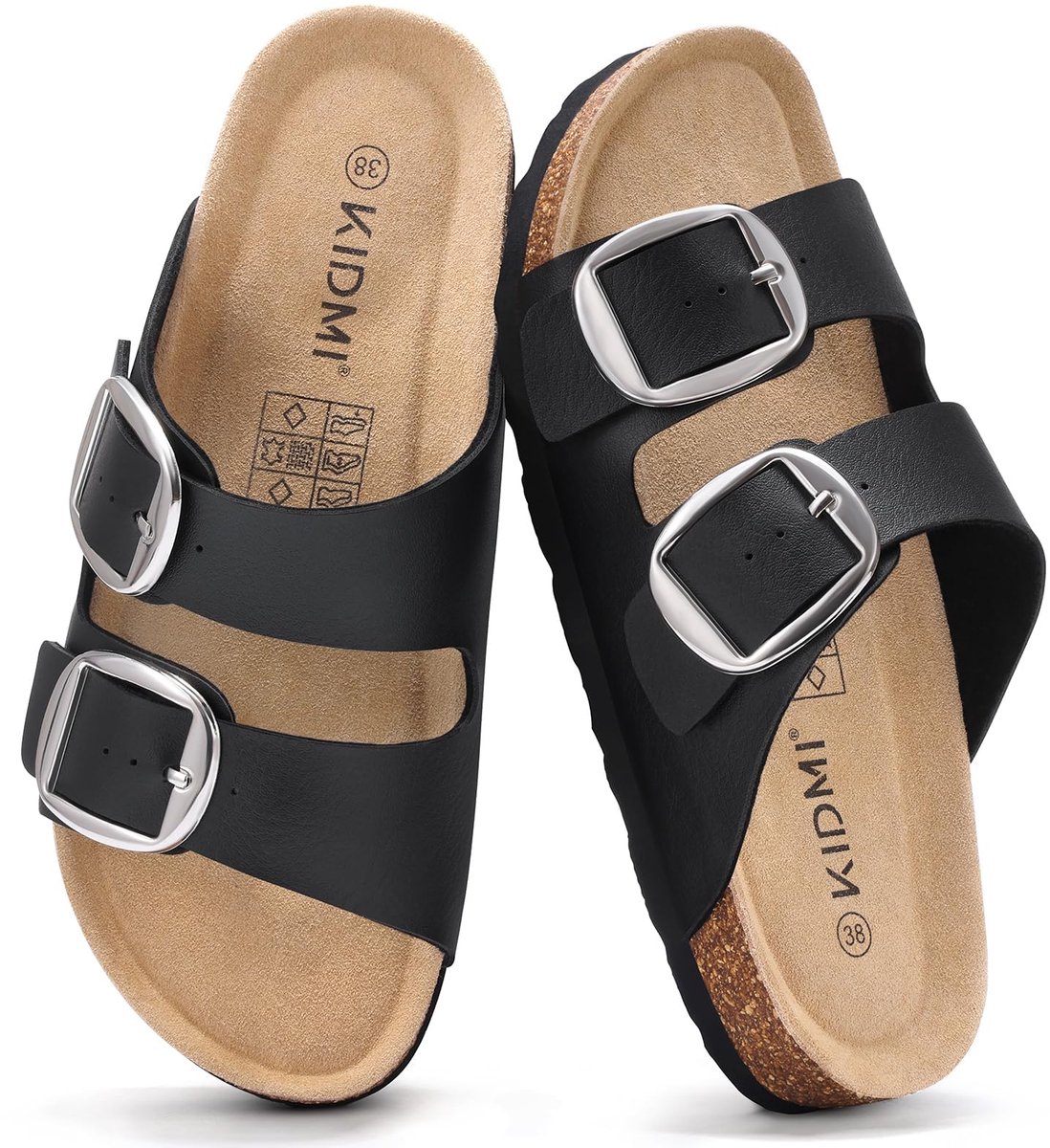 Unisex sandalens – PU bovenkant schoenen – Met kurken zool slippers– Houten sandalens – Zwart - 41- Geschikt voor een voetlengte van 26 cm