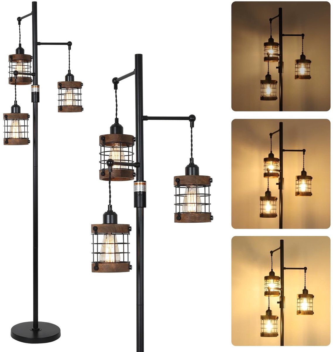 SolidKeus - Dimbare Vintage Staande Lamp met 3 Lampkoppen en Houten Lampenkap