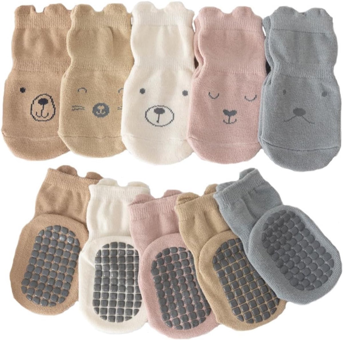 Set van 5 antislip sokken voor kinderen en baby's, comfortabele katoenen sokken met dierenmotieven, perfect voor peuters en kleuters