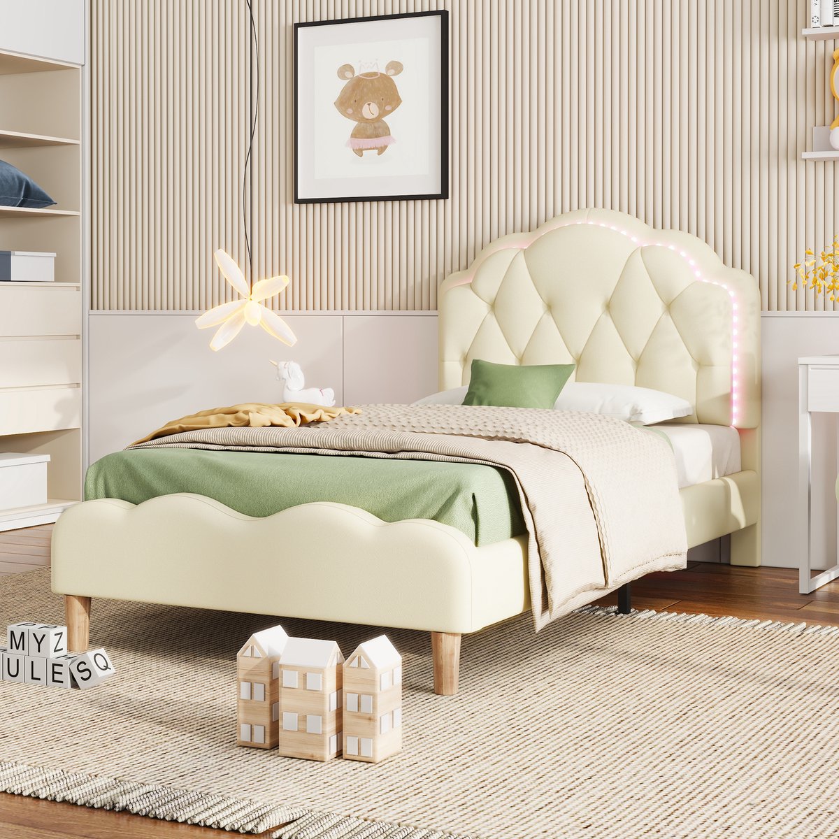 Kinderbed - voor matras 90 x 200 cm - beige - met LED-verlichting - matras niet inbegrepen - voor de slaapkamer - dagelijks gebruik