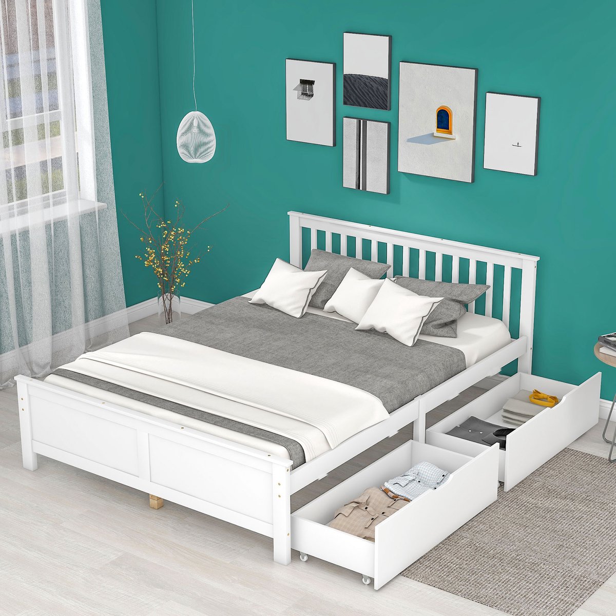 Bedframe - voor matras 140 x 200 cm - wit - met opbergruimte - afmetingen 147 x 207 x 83,5 cm cm - matras niet inbegrepen - voor de slaapkamer